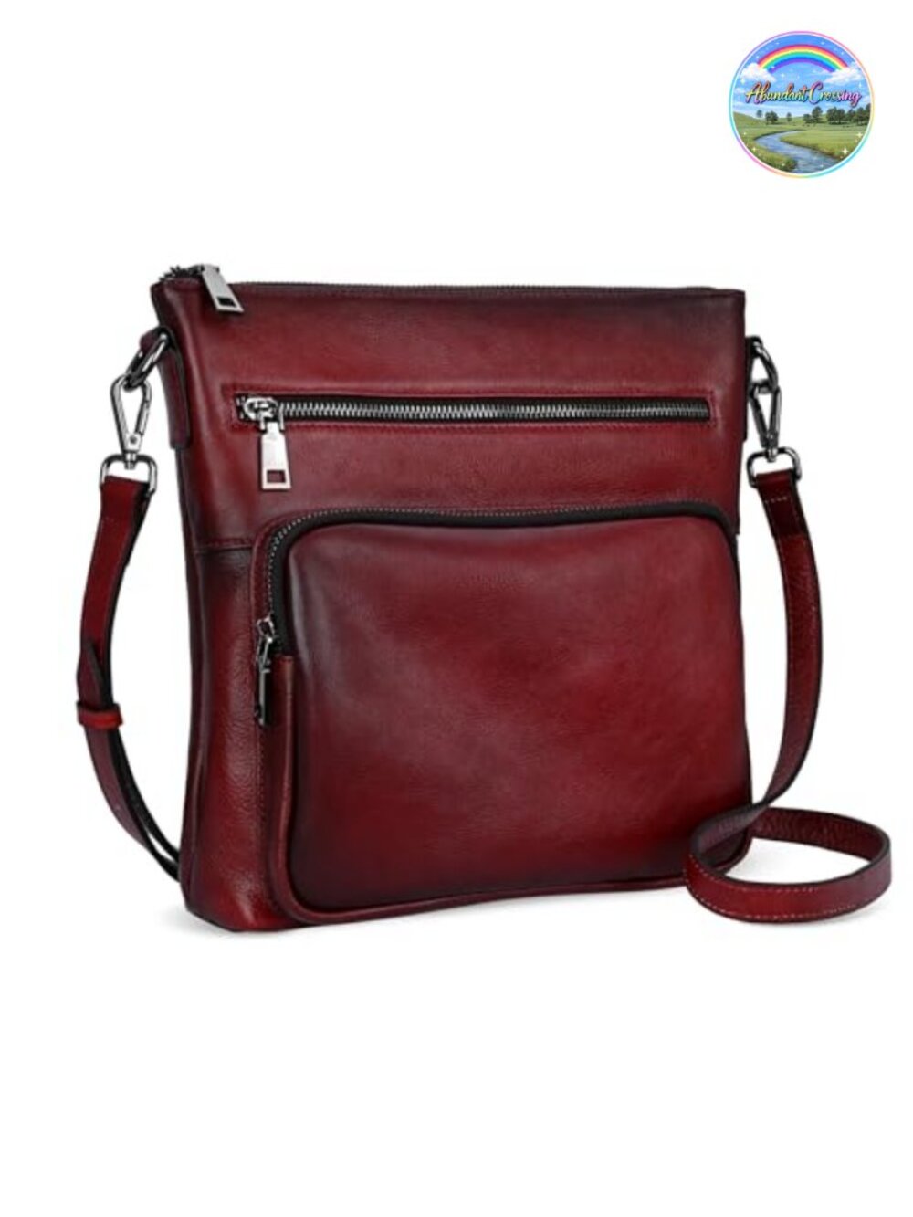 Vegetable Tanned Leather Crossbody Bag Adjustable Strap Multi-Pocket Satchel